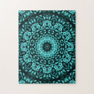 Teal Turquoise Floral Mandala Jigsaw Puzzle