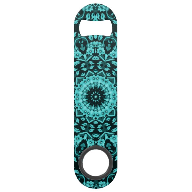 Teal Turquoise Floral Mandala Speed Bottle Opener (Front)