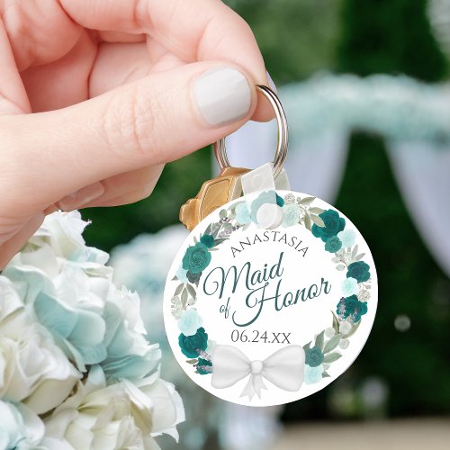 Teal Turquoise Floral Wreath Maid of Honor Wedding Keychain