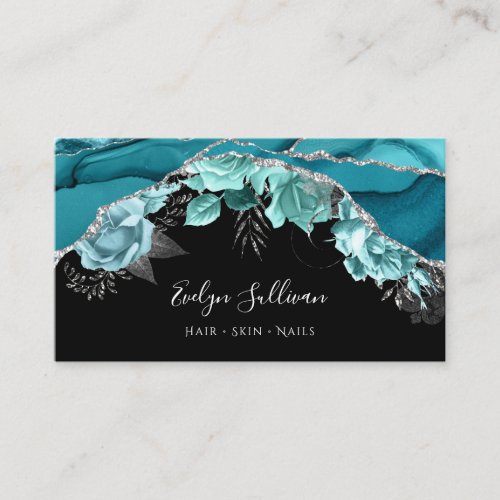 teal turquoise flowers agate business card