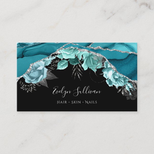 teal turquoise flowers agate business card (Front)
