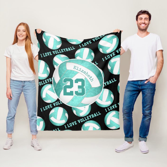 teal turquoise girly I love volleyball Fleece Blanket
