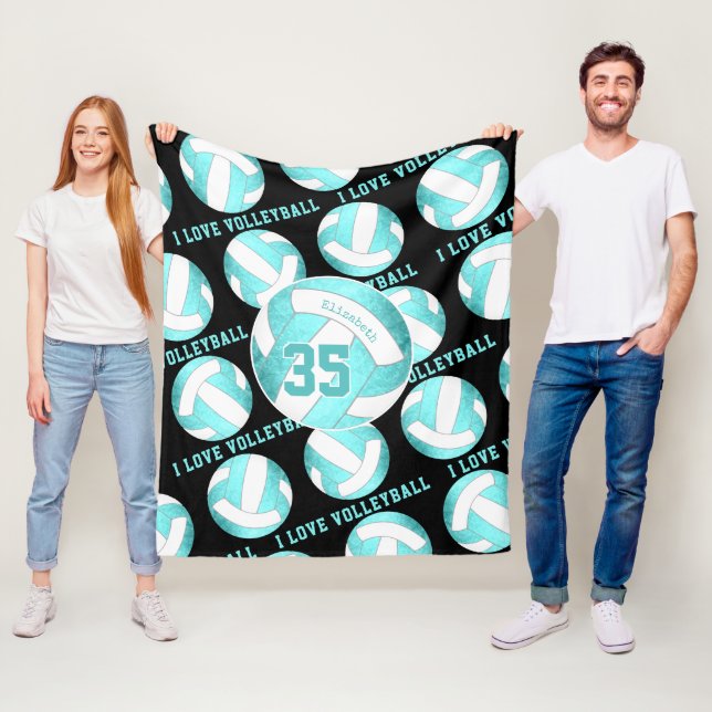 teal turquoise girly I love volleyball Fleece Blanket (In Situ)