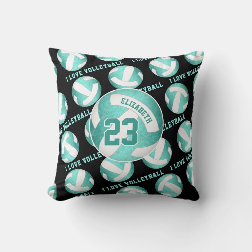 teal turquoise girly I love volleyball Throw Pillow