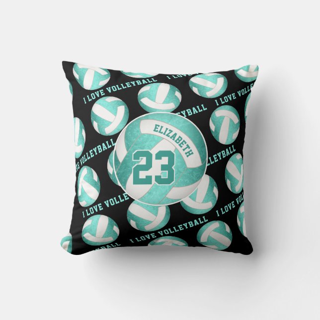 teal turquoise girly I love volleyball Throw Pillow (Front)