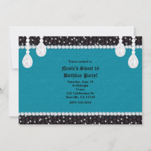 Teal Turquoise & Glam Diamonds Party Invitations
