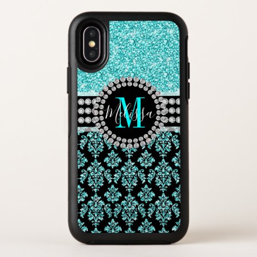 Teal Turquoise Glitter Black Damask Monogram Name OtterBox Symmetry iPhone XS Case