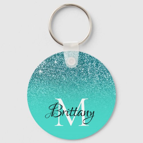 Teal Turquoise Glitter Ombre Monogram Keychain