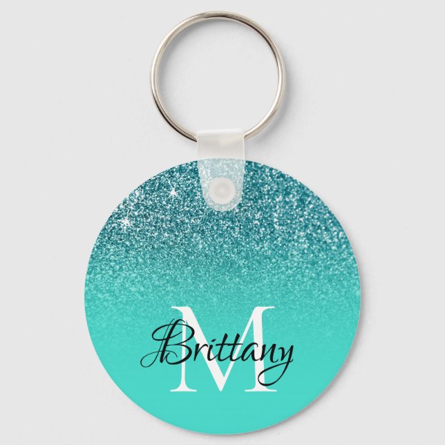 Teal Turquoise Glitter Ombre Monogram Keychain (Front)