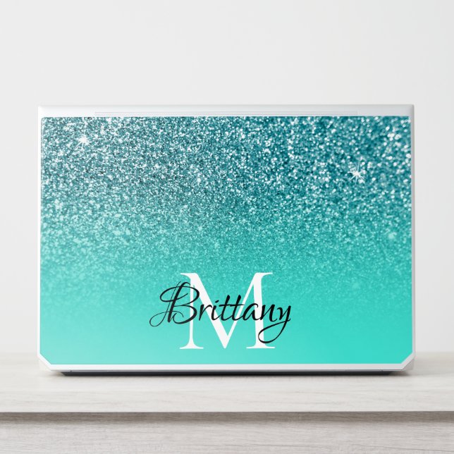 Teal Turquoise Glitter Ombre Monogrammed HP Laptop Skin (Front)