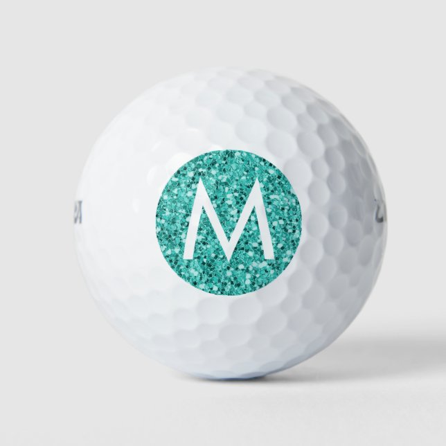 Teal Turquoise Glitter Simple Monogram Initial Golf Balls (Front)