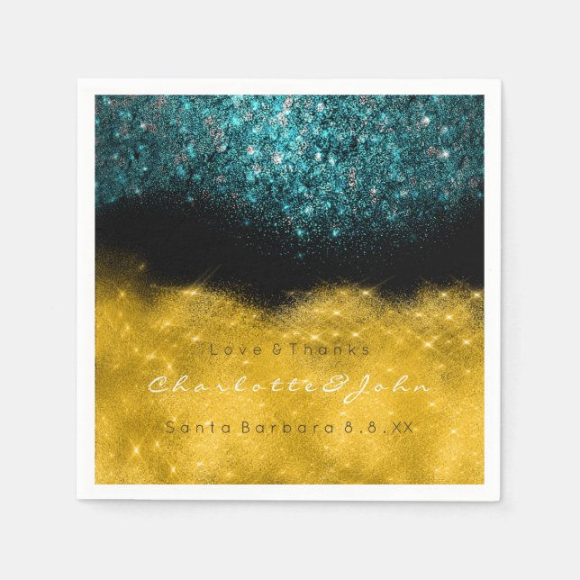 Teal Turquoise Gold Black White Confetti Glitter Paper Napkins (Front)
