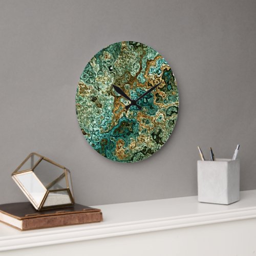 Teal Turquoise Gold Brown Minerals Marble Pattern Large Clock