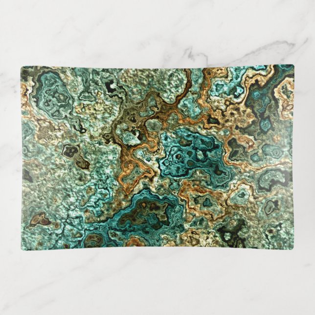 Teal Turquoise Gold Brown Minerals Marble Pattern Trinket Tray (Front)