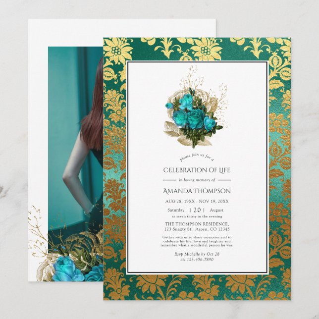 Teal - Turquoise & Gold Floral Celebration of Life Invitation (Front/Back)