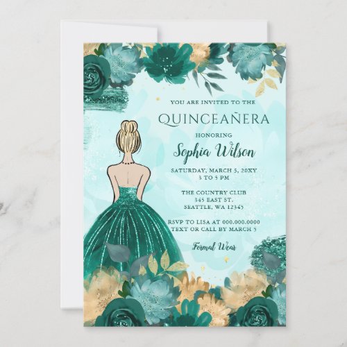 Teal Turquoise Gold Floral Princess Quinceaera  Invitation