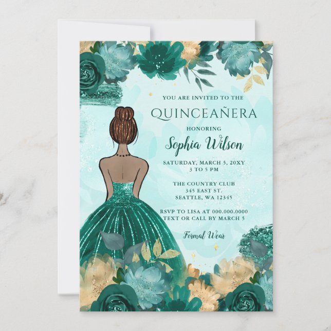 Teal Turquoise Gold Floral Princess Quinceañera  Invitation (Front)