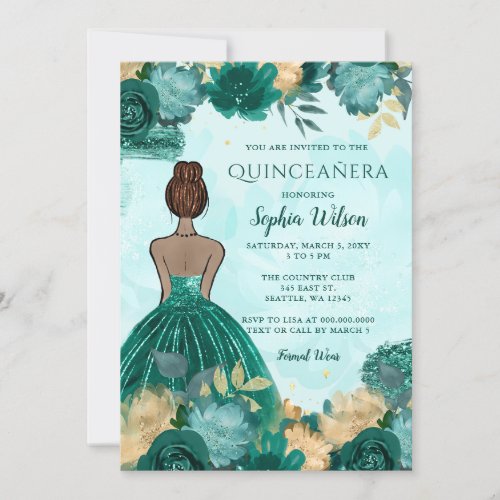 Teal Turquoise Gold Floral Princess Quinceaera  Invitation