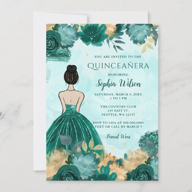 Teal Turquoise Gold Floral Princess Quinceañera  Invitation (Front)