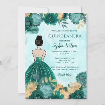 Teal Turquoise Gold Floral Princess Quinceañera  Invitation