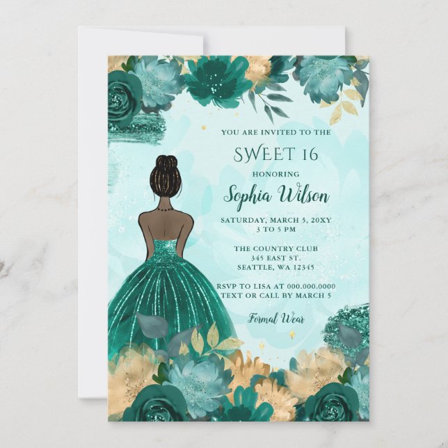 Teal Turquoise Gold Floral Princess Sweet 16 Invitation (Front)