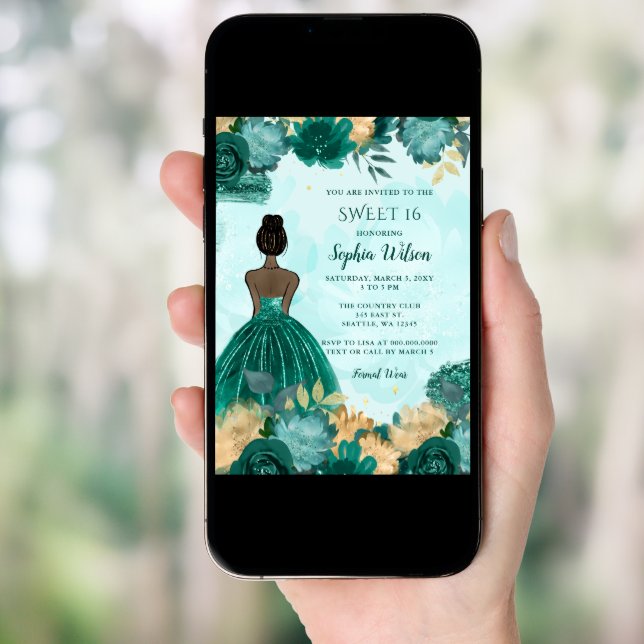 Teal Turquoise Gold Floral Princess Sweet 16 Invitation (Front Digital)