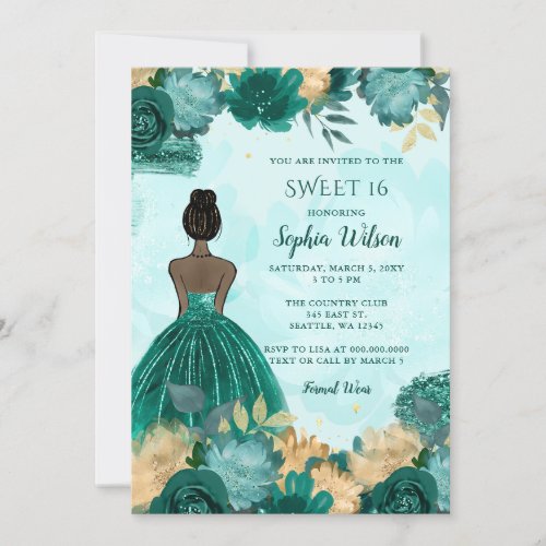 Teal Turquoise Gold Floral Princess Sweet 16 Invitation