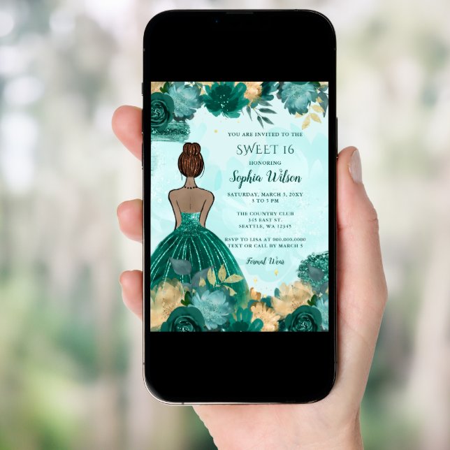 Teal Turquoise Gold Floral Princess Sweet 16 Invitation (Front Digital)