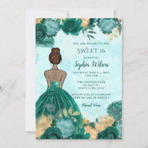 Teal Turquoise Gold Floral Princess Sweet 16 Invitation