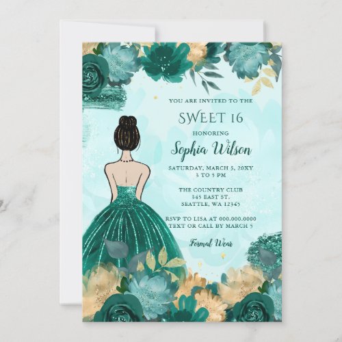 Teal Turquoise Gold Floral Princess Sweet 16 Invitation