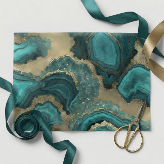 Teal Turquoise Gold Glitter Agate Geode Marble Tissue Paper