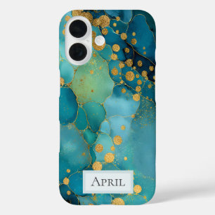 Teal, Turquoise & Gold Marble iPhone 16 Case