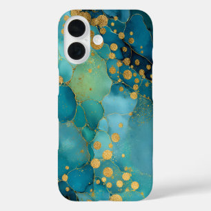 Teal, Turquoise & Gold Marble iPhone 16 Case