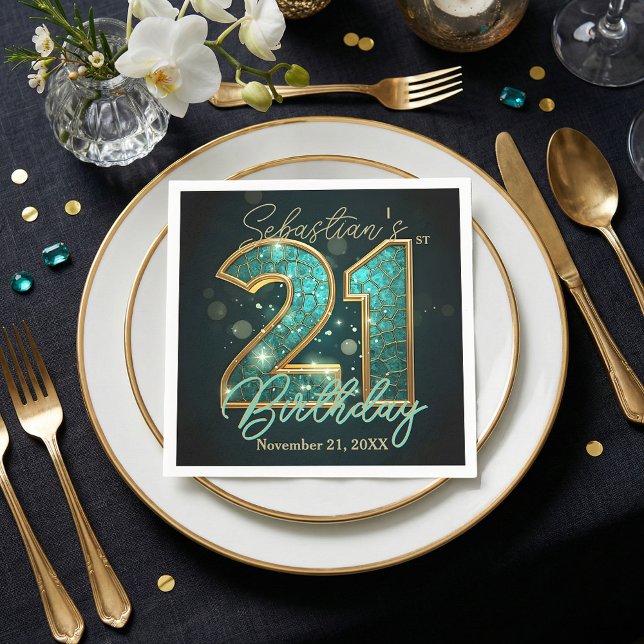 Teal Turquoise Gold Mosaic Agate 21st Birthday Napkins (Creator Uploaded)