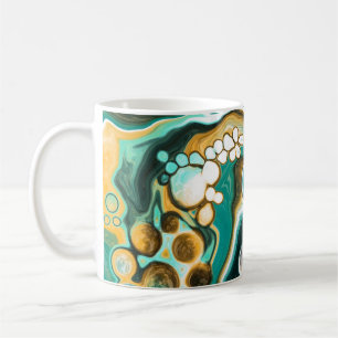 Teal, Turquoise, Gold, White Fluid Art Coffee Mug