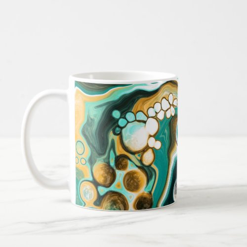 Teal Turquoise Gold White Fluid Art Coffee Mug