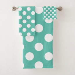 Teal Turquoise Green &amp; White Polka Dots Dot Bath Towel Set