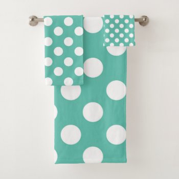 Teal Turquoise Green & White Polka Dots Dot Bath Towel Set by printabledigidesigns at Zazzle