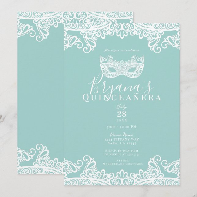 Teal Turquoise Lace Masquerade 15th Quinceañera   Invitation (Front/Back)