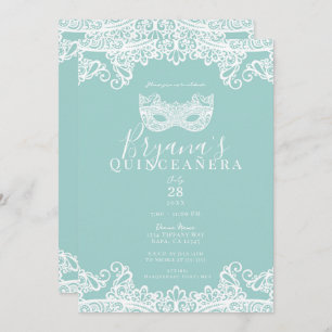 Teal Turquoise Lace Masquerade 15th Quinceañera Invitation