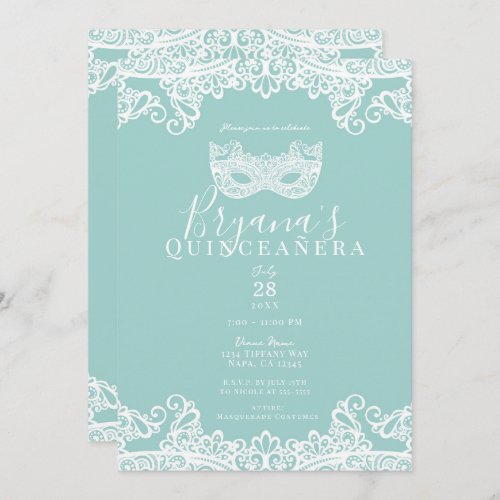 Teal Turquoise Lace Masquerade 15th Quinceaera   Invitation