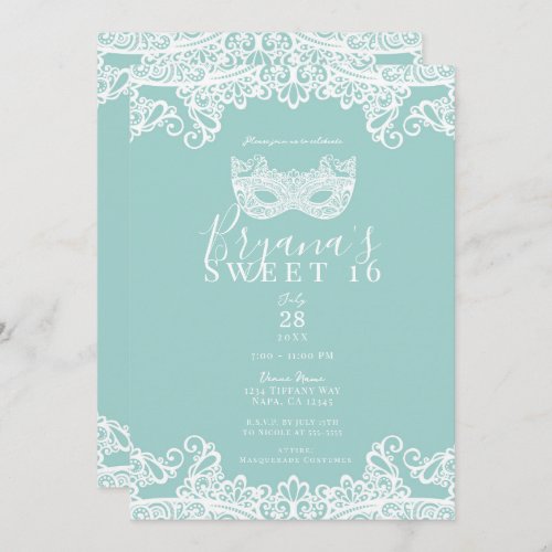 Teal Turquoise Lace Masquerade Sweet 16 Party Invitation
