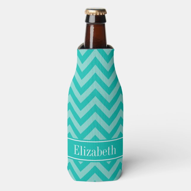 Teal Turquoise LG Chevron Teal Name Monogram Bottle Cooler (Bottle Front)