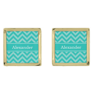 Teal Turquoise LG Chevron Teal Name Monogram Gold Cufflinks