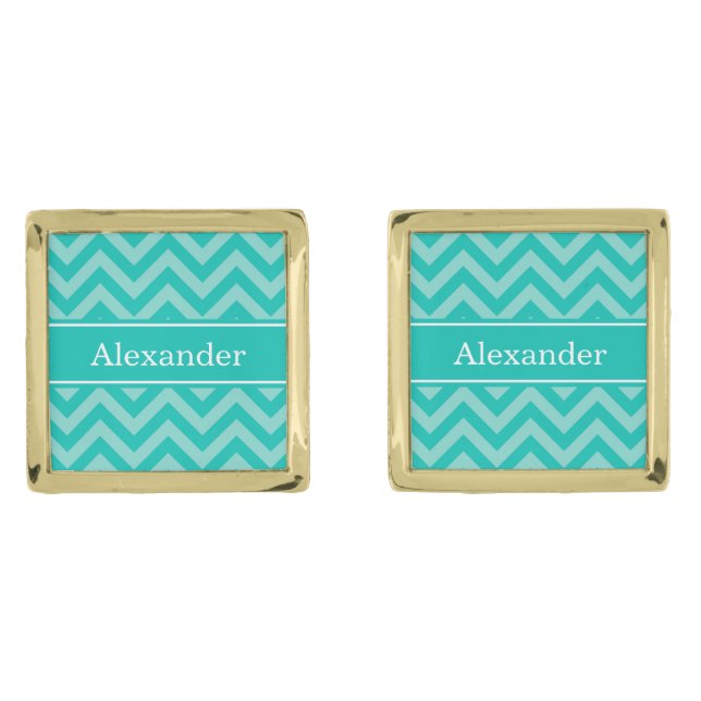 Teal Turquoise LG Chevron Teal Name Monogram Gold Cufflinks (Front)