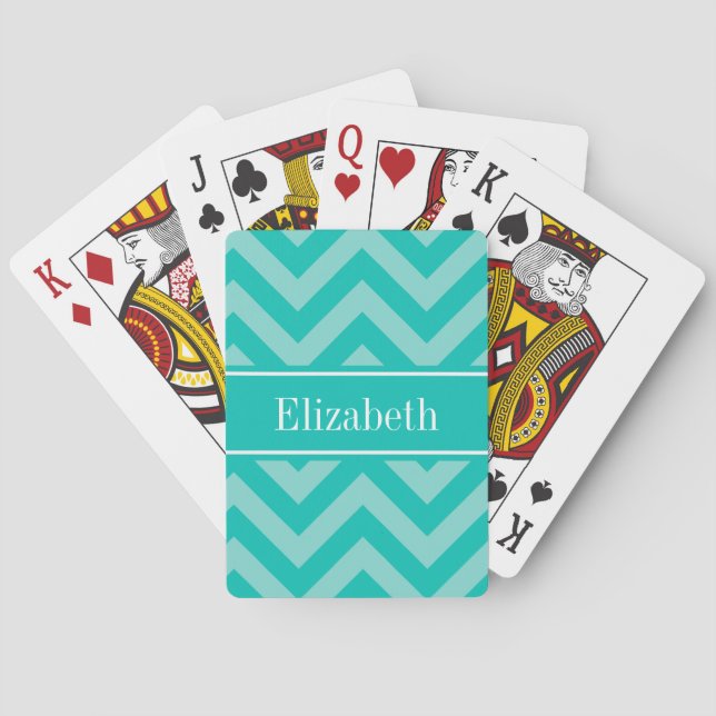 Teal Turquoise LG Chevron Teal Name Monogram Poker Cards (Back)