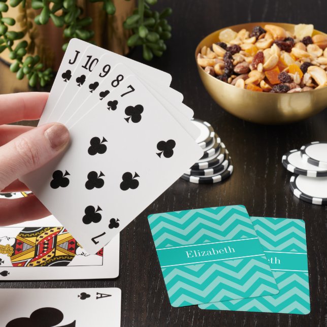 Teal Turquoise LG Chevron Teal Name Monogram Poker Cards (In Situ)