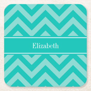 Teal Turquoise LG Chevron Teal Name Monogram Square Paper Coaster