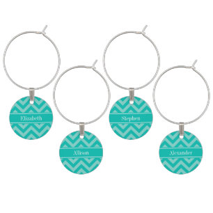 Teal Turquoise LG Chevron Teal Name Monogram Wine Charm