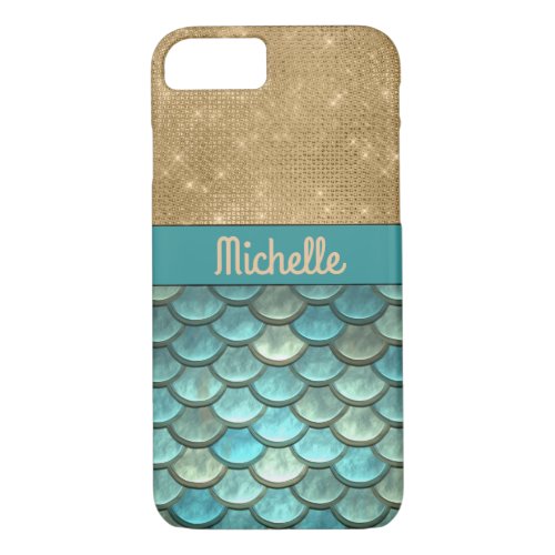 Teal Turquoise Mermaid Scales  Gold Glitter Name iPhone 87 Case